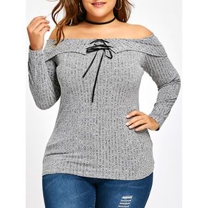 Plus Size Off Shoulder Ribbed Gray Ribbon Top